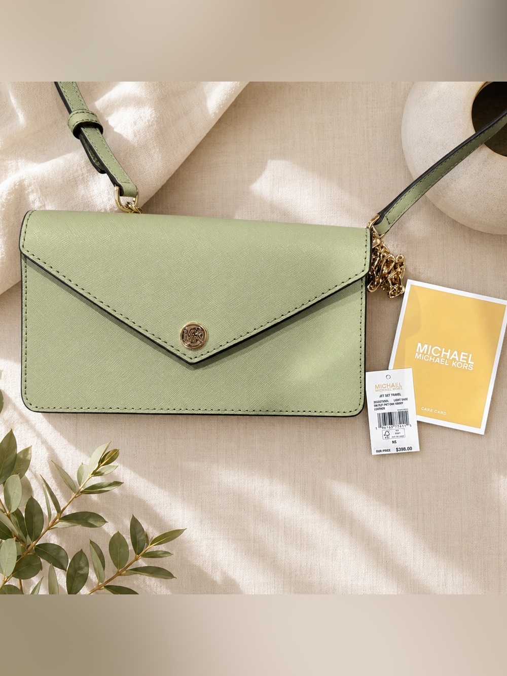 NWT Michael Kors Jet Set Travel Light Sage Envelope Crossbody Wallet Bag